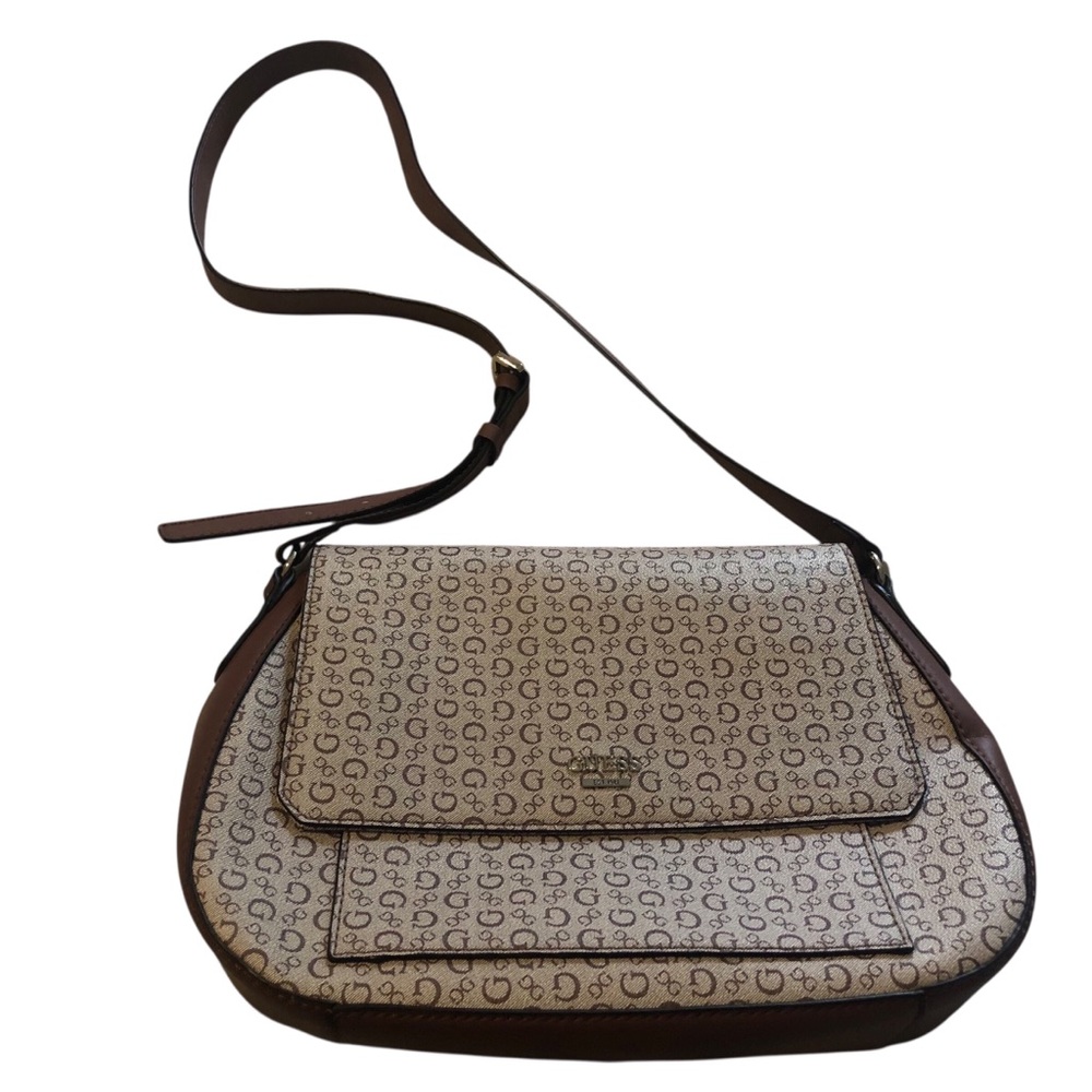 Guess Signature Brown and Cream Shoulder Bag with Guess Logo Excellent Condition